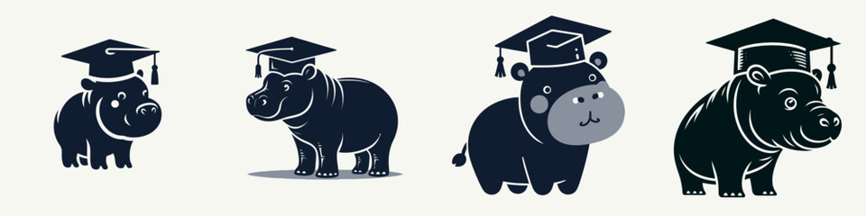 Fototapeta premium A playful illustration of hippos wearing graduation caps, symbolizing education and achievement.