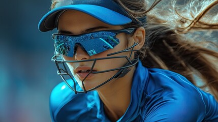Young woman in protective gear, looking intense and focused while playing softball.