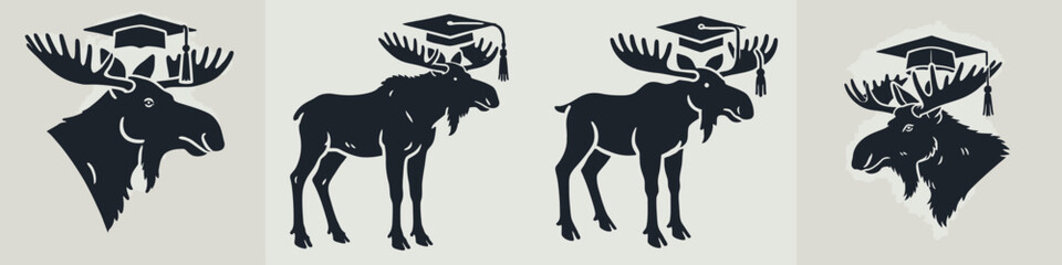 Obraz premium The image features a series of stylized moose illustrations, showcasing different poses and a graduation cap, symbolizing education and achievement.