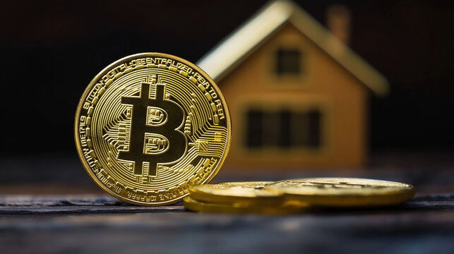 Golden bitcoin coin with house silhouette. Suitable for real estate cryptocurrency, digital property investment, and blockchain housing.