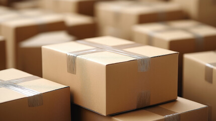Fototapeta premium Stack of cardboard boxes ready to be shipped of a warehouse. Package storage room.