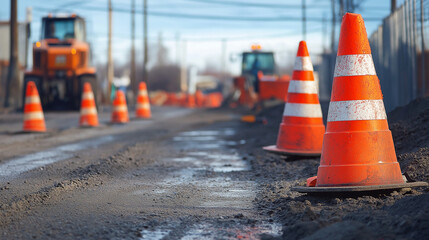 Multiple traffic cones at construction site. Perfect for road work, safety equipment, and urban development projects.