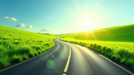 Fototapeta premium Asphalt ribbon winding through vibrant green hills bathed in the warm glow of a setting sun, promising adventure and scenic beauty on a journey ahead