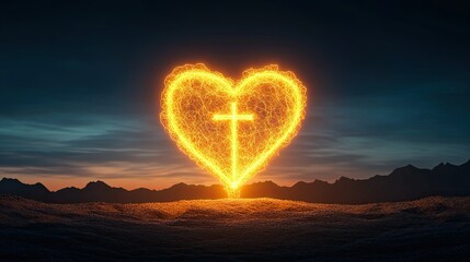 Fototapeta premium Spiritual glowing heart and cross , glowing cross symbol within radiant heart , glowing cross and heart lighting up night. Faith and hope glowing symbol artwork.