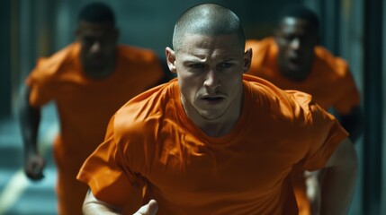 Criminals jailed in prison in orange uniform behind metal bars Generative AI realistic 3D picture
