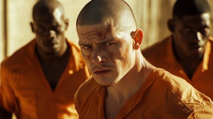 Fototapeta premium Criminals jailed in prison in orange uniform behind metal bars Generative AI realistic 3D picture 