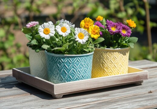 Three small flower pots with yellow and blue designs sit on a wooden tray