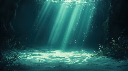 Fototapeta premium Underwater cave scene, sunbeams, ocean floor, background, digital art