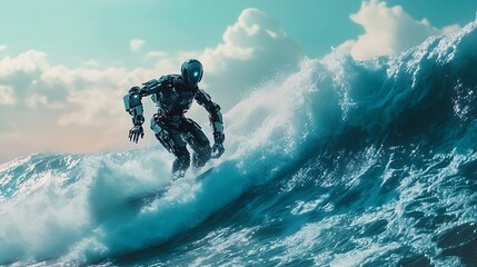 A futuristic robot surfing on massive ocean waves under a clear sky.