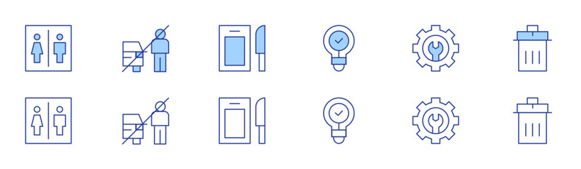 Hotel Management icon set in two styles, Duotone and Thin Line style. Editable stroke. cutting board, toilet, light bulb, trash can kitchen, maintenance request, loitering in parking lot