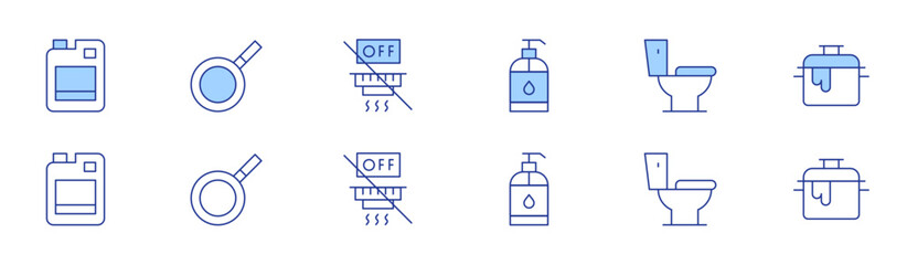 Hotel Management icon set in two styles, Duotone and Thin Line style. Editable stroke. dawn soap, toilet, pot, pan, disable smoke alarm
