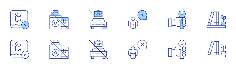 Hotel Management icon set in two styles, Duotone and Thin Line style. Editable stroke. do not leave unattended, maintenance request, shelf, jumping, dont overload machine, working on car