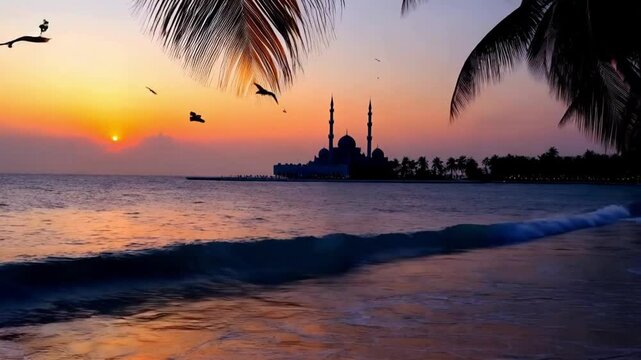 view of the sea in the afternoon with the sun setting and next to it there is a mosque with coconut trees moving following the direct. seamless looping time-lapse virtual 4k video animation background