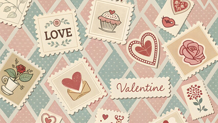 This is a repeating pattern design featuring stylized postage stamps with a Valentine's Day and love theme. 
