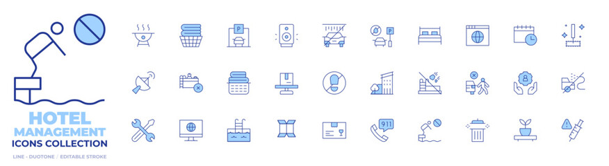Hotel Management icons collection. Line Duotone style, editable stroke. apartment bldg courtyard, cardboard box flattened, haul away furniture service, call, tresspassor