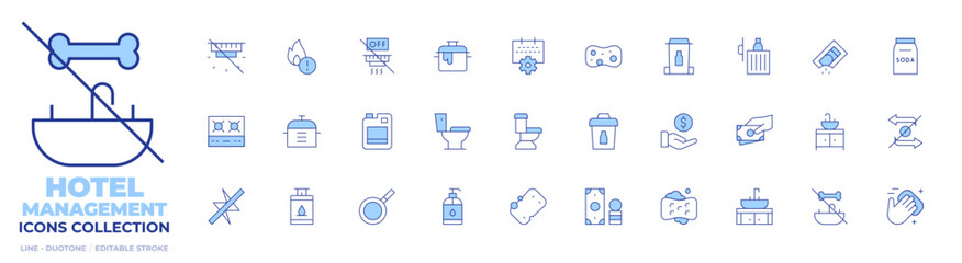 Hotel Management icons collection. Line Duotone style, editable stroke. kitchen sink, dawn soap, soft sponge, toilet, pan, fine, dispose of cooking oil