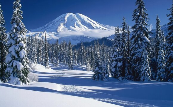 A snowy mountain range with a large snow covered peak