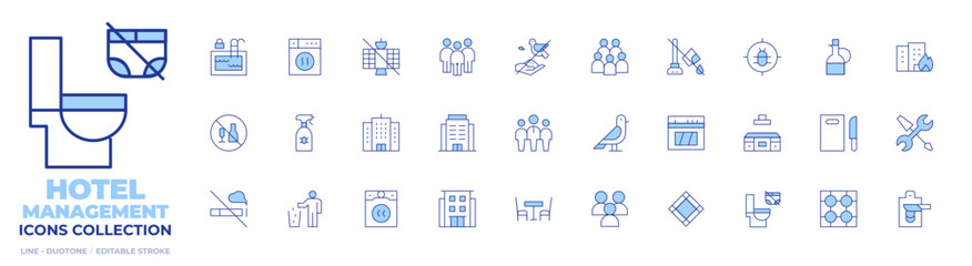 Hotel Management icons collection. Line Duotone style, editable stroke. trivet, oven, cutting board, diapers down toilet, pigeon, dining chair, guests, apt home, office, burner, coutnertop kitchen