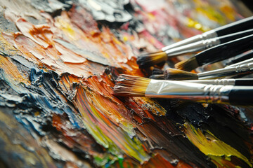 Obraz premium Row of artist paintbrushes closeup on artistic canvas