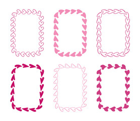 Elegant hand drawn Valentines day frames with hearts. Doodle pink romantic textboxes for quirky holiday, wedding, birthday gift decorations