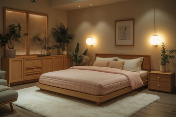 A luxurious modern bedroom with a large bed, white bedding, and cozy lighting from elegant nightstand lamps. The space exudes comfort with a sleek and contemporary design