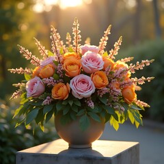 Obraz premium Radiant Spring Blooms Vibrant Flowers on Stone Pedestal in Golden Hour Light