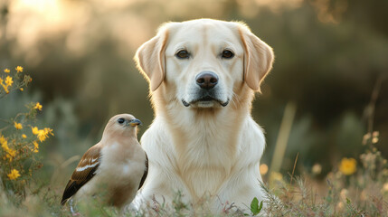 Golden Retriever with birds in blooming meadow. Ideal for animal harmony, spring nature, and peaceful coexistence themes.