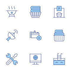 Hotel Management icons set. Line Duotone style, editable stroke. maintenance request, parking lot, TV satelite dish, gated pool, clean clothes load, online portal, bbq, minors at pool alone