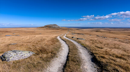 Fototapeta premium Winding dirt road through autumnal grassland towards hill