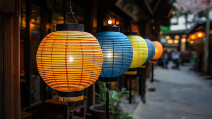 Obraz premium Hanging colorful Japanese lanterns with cultural atmosphere