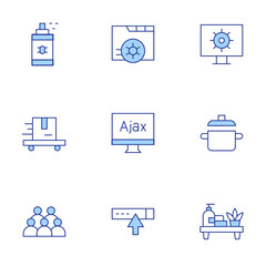 Hotel Management icons set. Line Duotone style, editable stroke. work order, pest service roaches bed bugs, haul away furniture service, empty pot, ajax