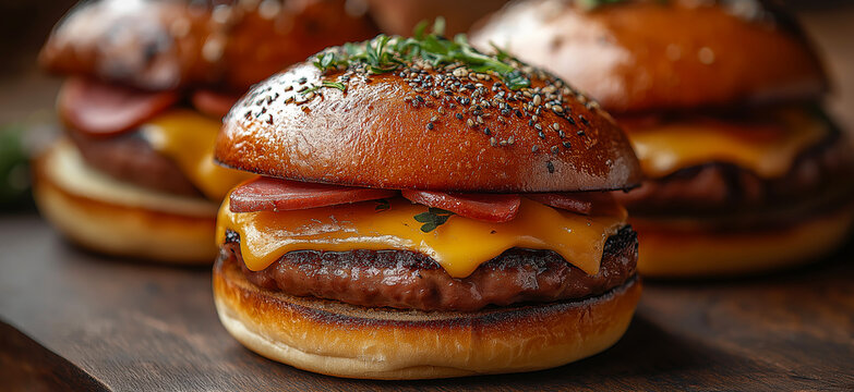 Gourmet mini burgers with melted cheddar cheese, crispy bacon, and toasted buns with herbs create an irresistible culinary experience
