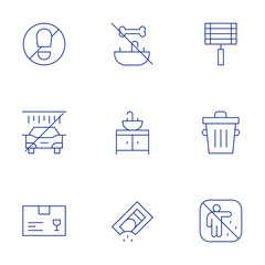 Hotel Management icons set. Thin Line style, editable stroke. kitchen sink, trash can kitchen, washing car, bbq, plastic glass bone, tresspassor