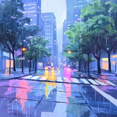 Obraz premium Rainy cityscape reflections urban environment digital art wet streets night view serenity in chaos
