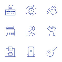 Hotel Management icons set. Thin Line style, editable stroke. soft sponge, gated pool, clean clothes load, fine, bbq, bottle of cooking oil tightly and throw out in garbage