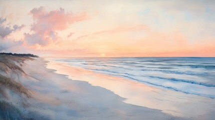 Obraz premium Peaceful beach sunset, dunes, ocean waves, pastel sky, coastal landscape