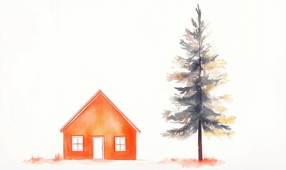Watercolor Painting of a Small Orange House and a Tall Tree