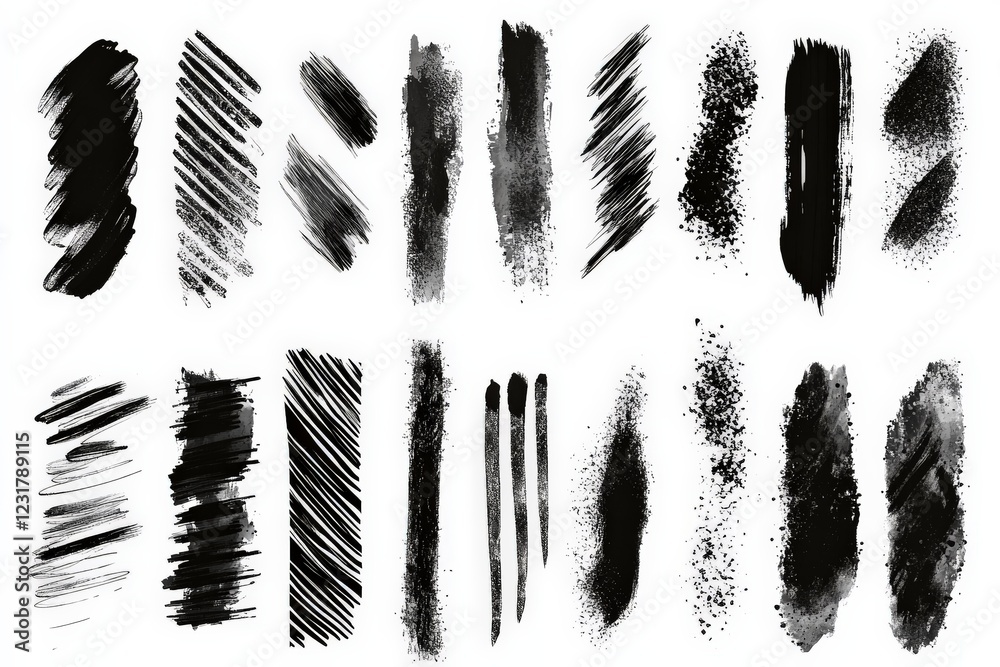 Poster various black paint strokes and textures on a white background showcasing artistic techniques and st