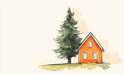 Watercolor Painting of an Orange House and Evergreen Tree