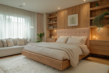 A luxurious modern bedroom with a large bed, white bedding, and cozy lighting from elegant nightstand lamps. The space exudes comfort with a sleek and contemporary design