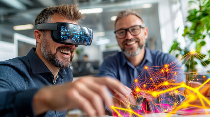 Collaborative Virtual Reality Experience Two Men Working Together on a Digital Project