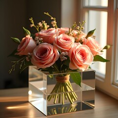 Graceful floral composition atop acrylic box illuminated by twilight