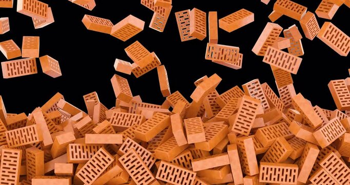 Solid clay bricks falling and fill the screen. 3D animation on transparent background