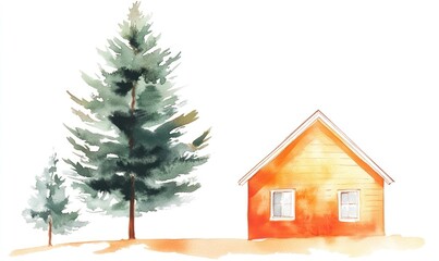Watercolor Painting of a House and Two Pine Trees