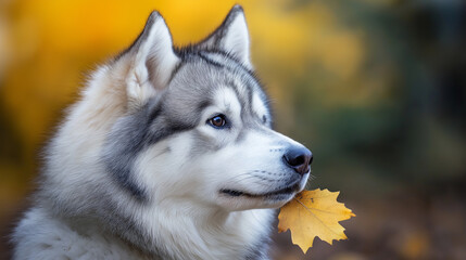 Obraz premium Husky with autumn leaf in profile view. Perfect for seasonal pet portraits and natural animal photography.