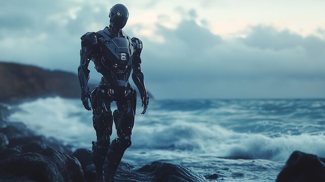 A lifelike robot standing on a rocky beach, waves crashing nearby.