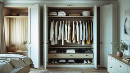 Neatly Arranged Wardrobe in Cozy Bedroom