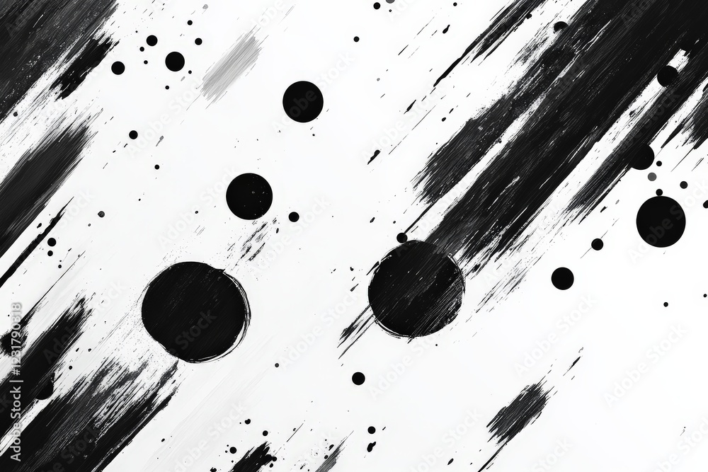 Poster Abstract black and white composition with circles and brush strokes in a dynamic arrangement