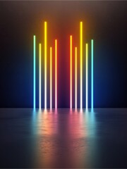 Obraz premium A vibrant arrangement of glowing vertical lines in various colors, creating a striking visual effect against a dark background.