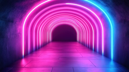 Fototapeta premium Neon Archway Tunnel, Pink Blue Glow, Concrete, Futuristic, Background